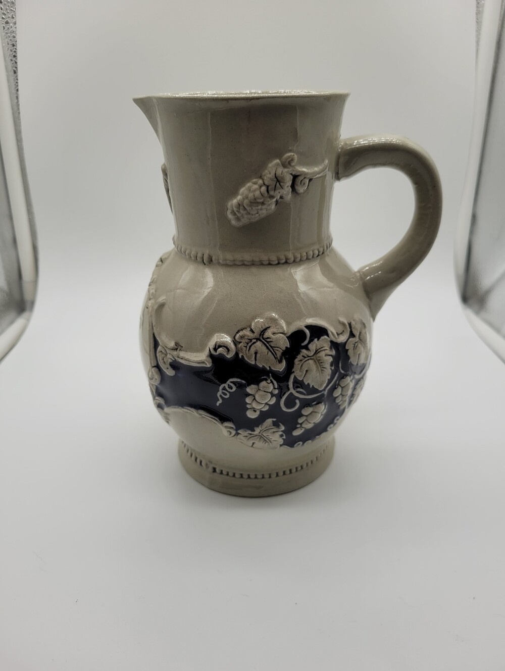 Vintage German Salt Glazed Stoneware Wine Pitcher Jug 1L Cobalt Blue Grapevine